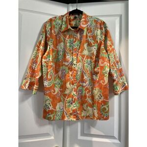 Lauren‎ Ralph Lauren Shirt Womens 2XL Orange Paisley Button Front 3/4 Sleeve